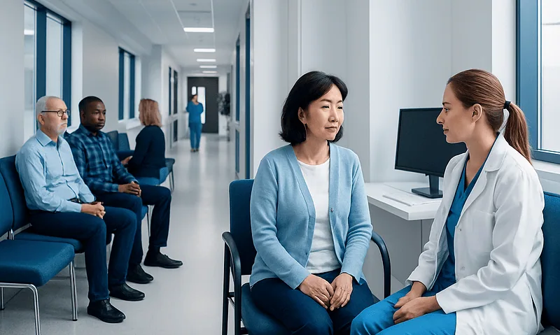 Patient consulting with doctor in a hospital corridor for health screening.