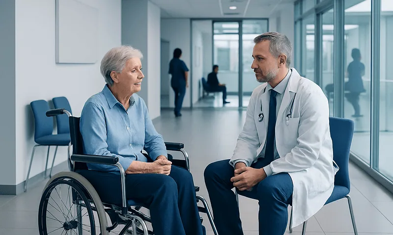 Geriatric patient in wheelchair consulting with doctor in hospital corridor.