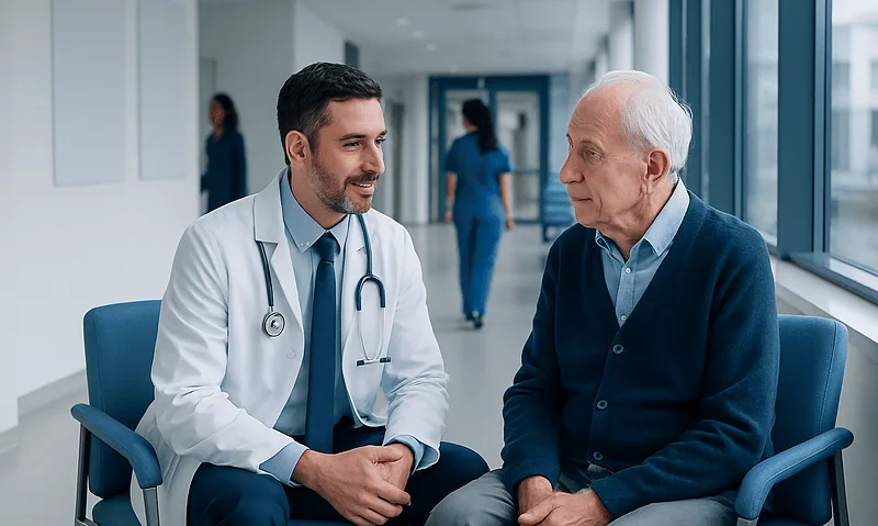Geriatric patient consulting with a doctor in a hospital corridor.