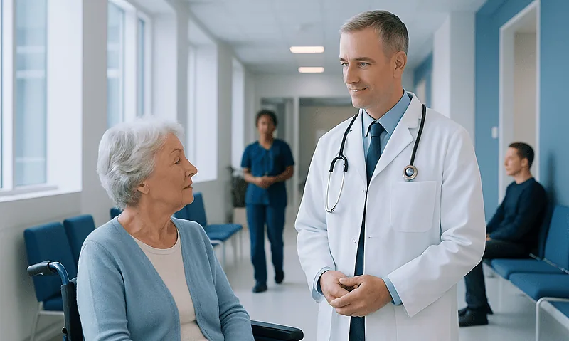 Geriatric neurologist consulting elderly patient in hospital corridor.