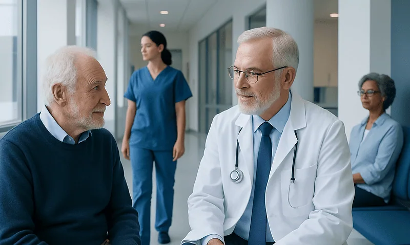 Geriatric neurologist consulting elderly patient in hospital setting.