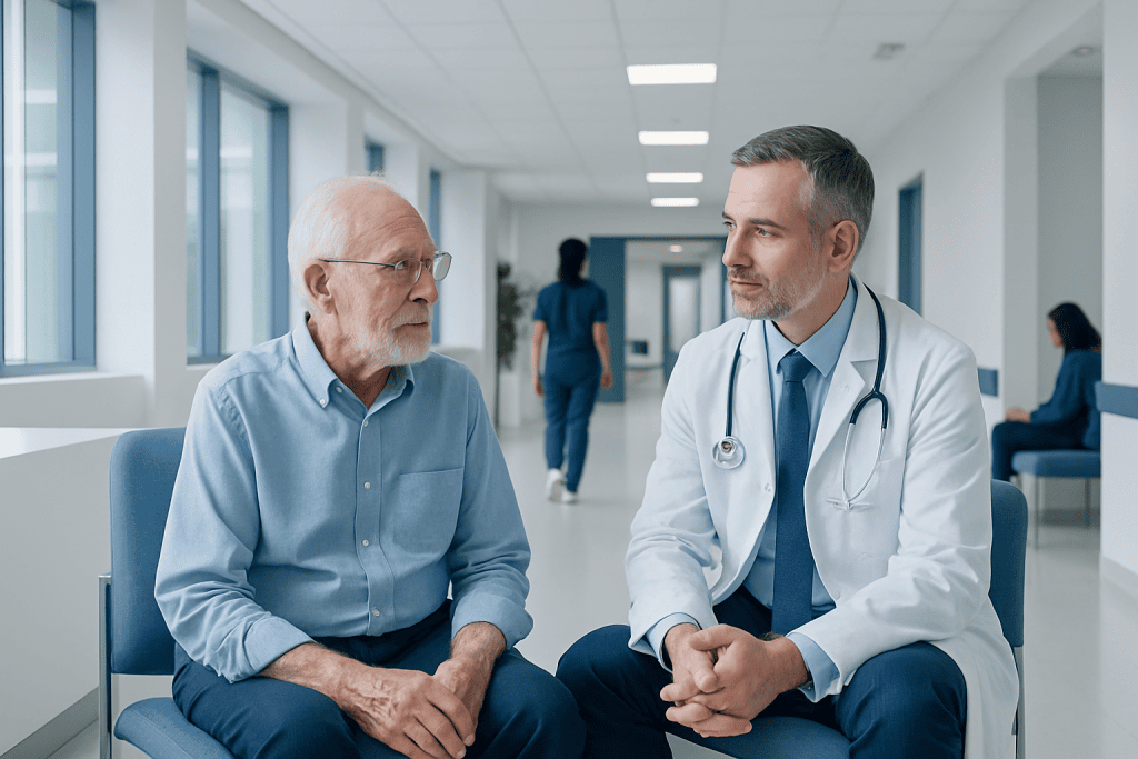 What Is a Geriatric Neurologist and When Should Older Adults See One? 1 Geriatric patient consulting with a neurologist in a hospital corridor.