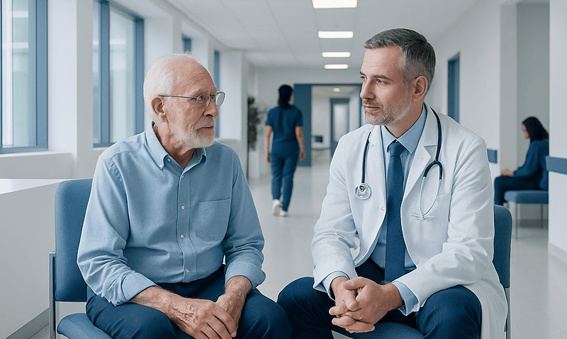 Geriatric patient consulting with a neurologist in a hospital corridor.