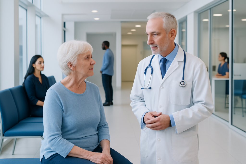 Preparing for a Geriatric Neurologist Appointment 1 Geriatric patient consulting a neurologist in a hospital corridor.