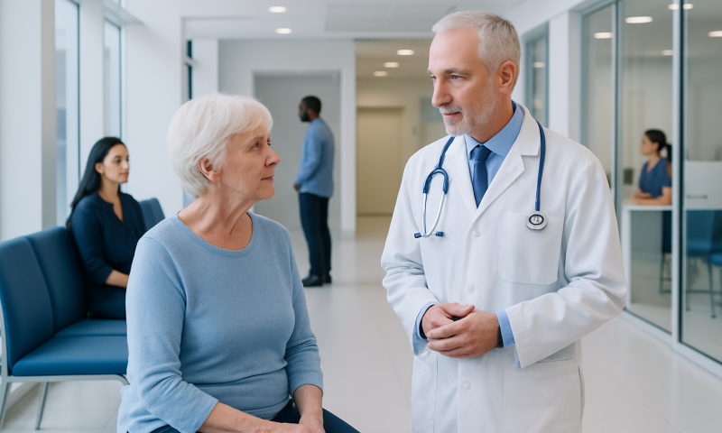 Geriatric patient consulting a neurologist in a hospital corridor.