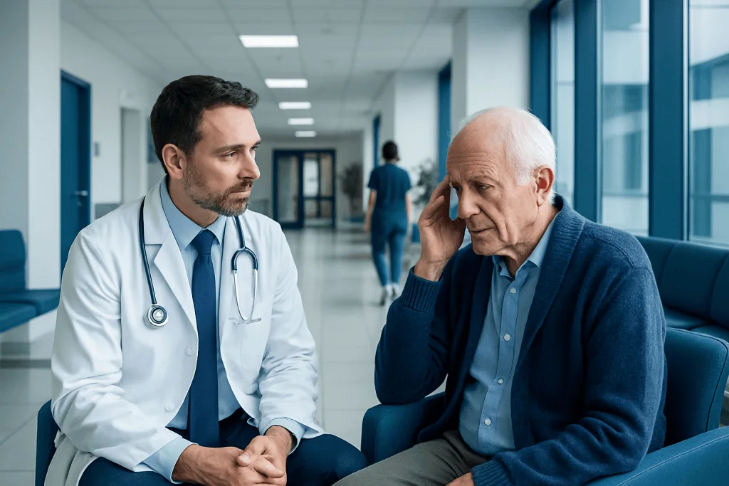 When to See a Geriatric Neurologist for Memory Disorders or Cognitive Decline 1 Doctor consulting with elderly patient about memory concerns in hospital corridor.