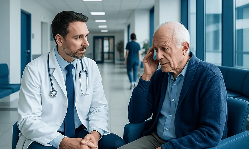Doctor consulting with elderly patient about memory concerns in hospital corridor.