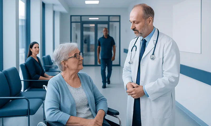 Geriatric patient consulting with a neurologist in a hospital corridor.