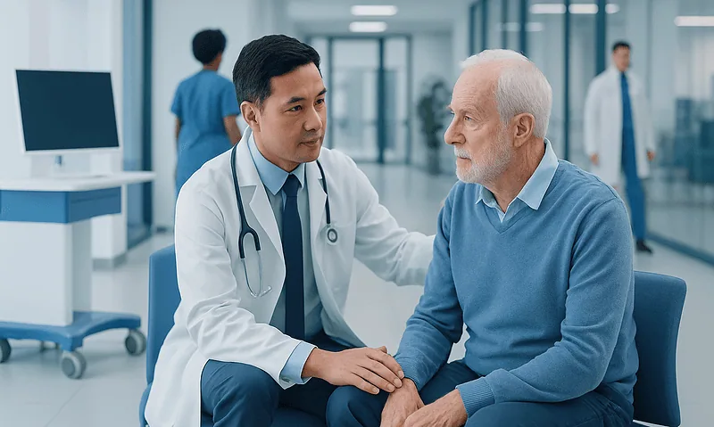 Geriatric neurologist consulting with an elderly patient in a hospital.