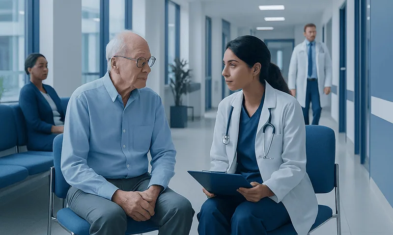 Geriatric patient consulting with a neurologist in a hospital corridor.