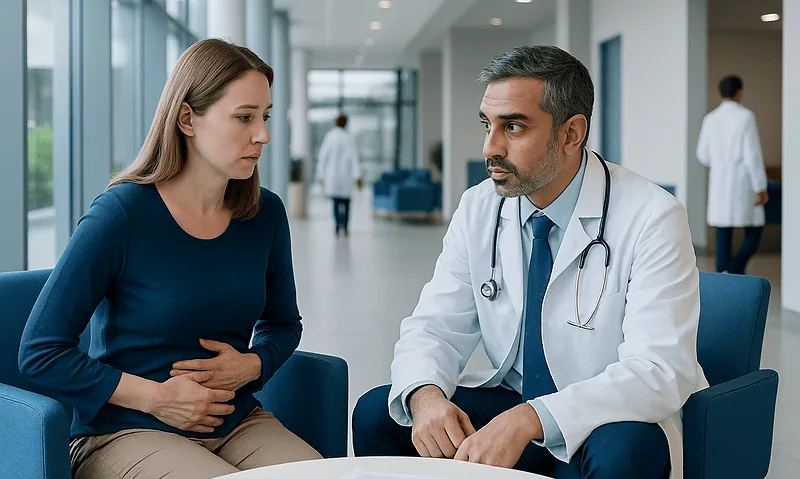 When Should You See a GI Specialist for Ongoing Digestive Symptoms? 8 Doctor consulting with a patient in a hospital corridor.