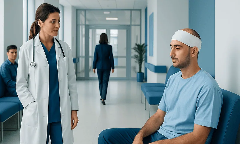 Doctor consulting male patient in hospital corridor with staff in background.
