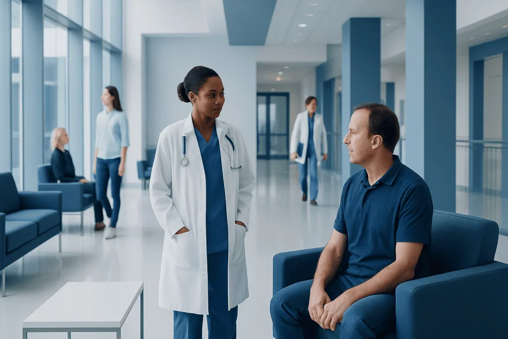 What Is a Hair Transplant and Who Is It For? 1 Patient consulting with a doctor in a modern hospital lobby.