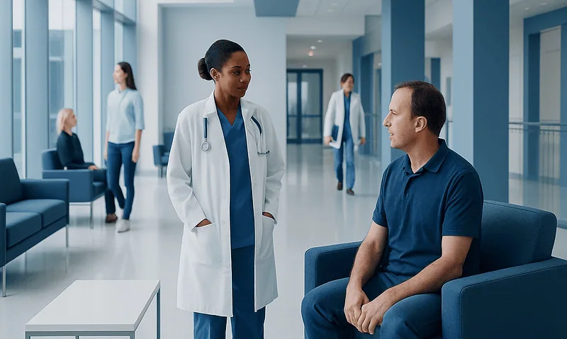 Patient consulting with a doctor in a modern hospital lobby.