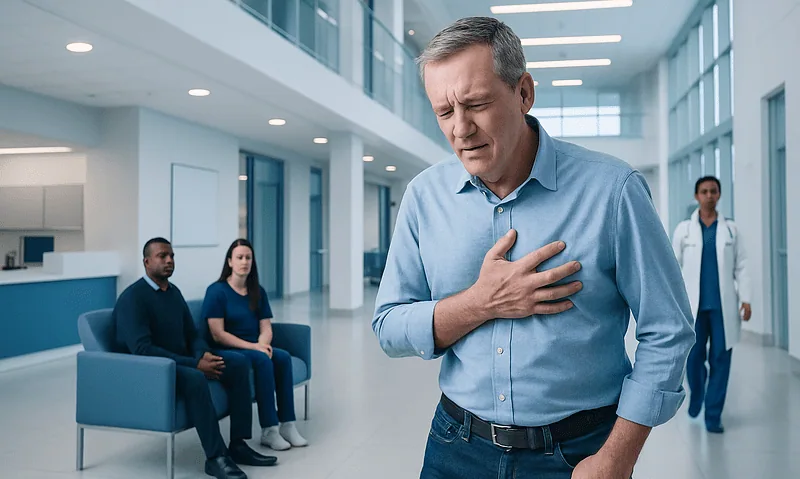 What Does a Heart Attack Feel Like? Symptoms You Should Not Ignore 15 Man experiencing chest pain in hospital waiting area.