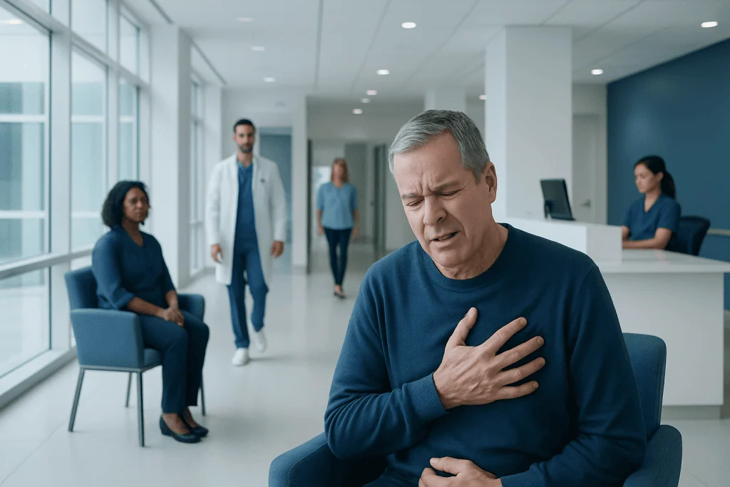 What Does a Heart Attack Feel Like? Signs, Symptoms, and Urgency 1 Middle-aged man experiencing chest pain in hospital waiting area.