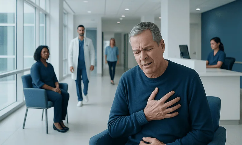What Does a Heart Attack Feel Like? Signs, Symptoms, and Urgency 9 Middle-aged man experiencing chest pain in hospital waiting area.