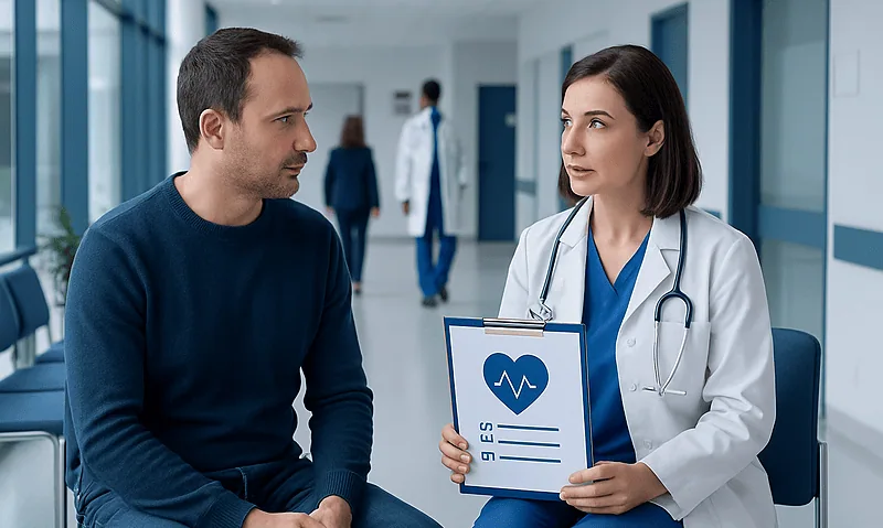Heart Health Checklist: Habits That Lower Cardiovascular Risk 18 Doctor discussing heart health with patient in hospital corridor.