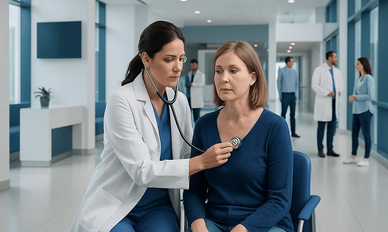 Heart Murmur: What It Means, Causes, and When Testing Is Needed 8 Doctor listening to patient's heart in hospital setting.