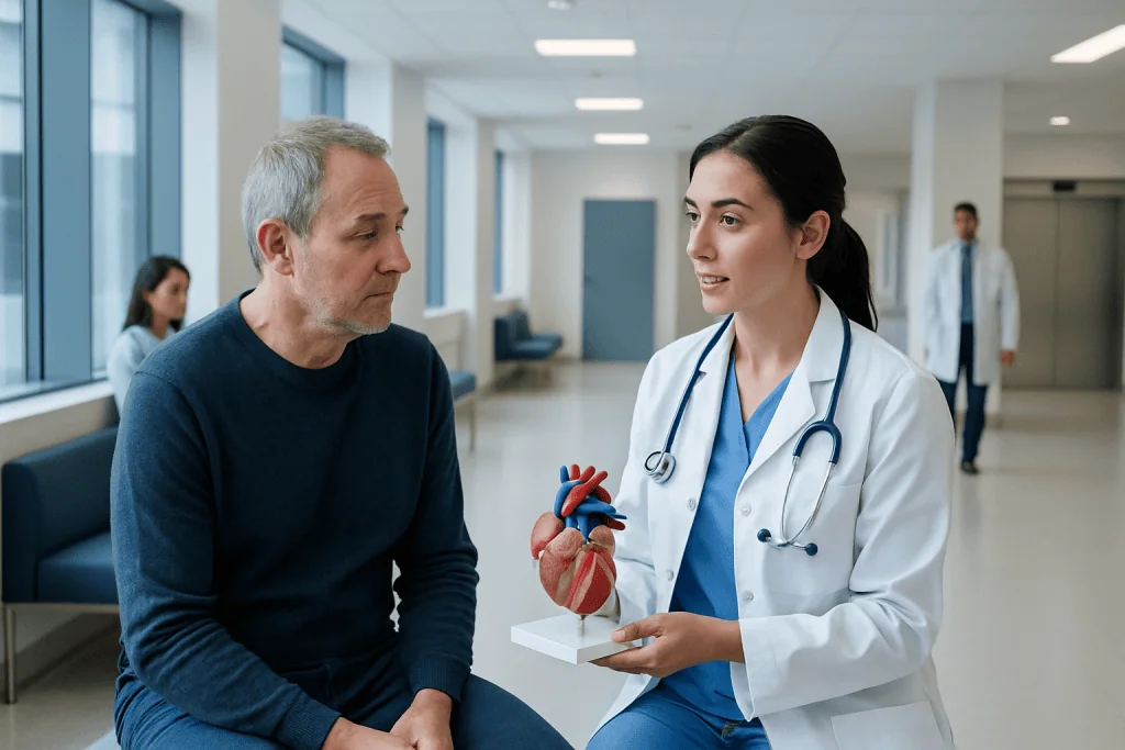 What Does a Heart Murmur Mean? 1 Doctor explaining heart murmur to patient in hospital setting.