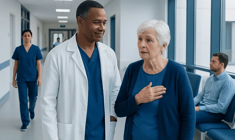 Heart Murmur Explained: Innocent Sounds vs Valvular Disease 2 Doctor consulting with elderly patient in hospital corridor.
