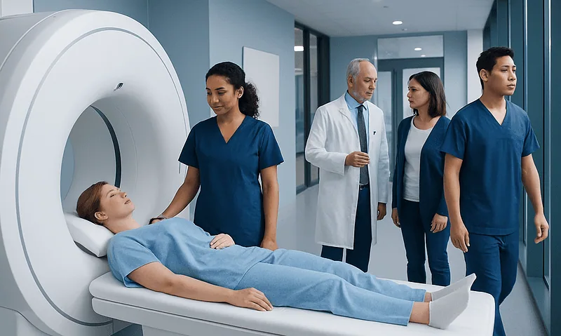 Patient undergoing MRI scan with medical staff and doctor in hospital corridor.