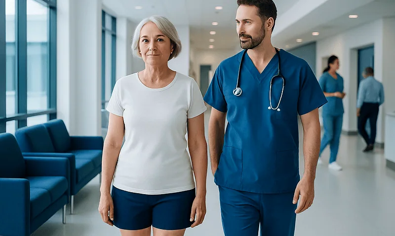 Patient walking with doctor in hospital corridor after hip surgery.