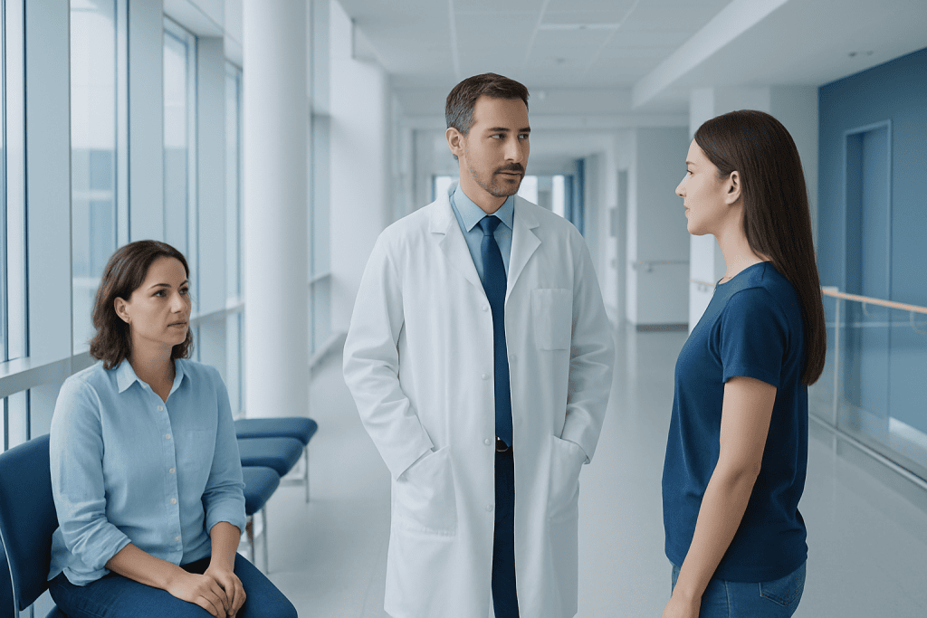 Hormones Explained: What a Hormone Is and How It Sends Signals 1 Doctor consulting with two female patients in hospital corridor.