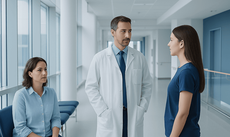 Doctor consulting with two female patients in hospital corridor.