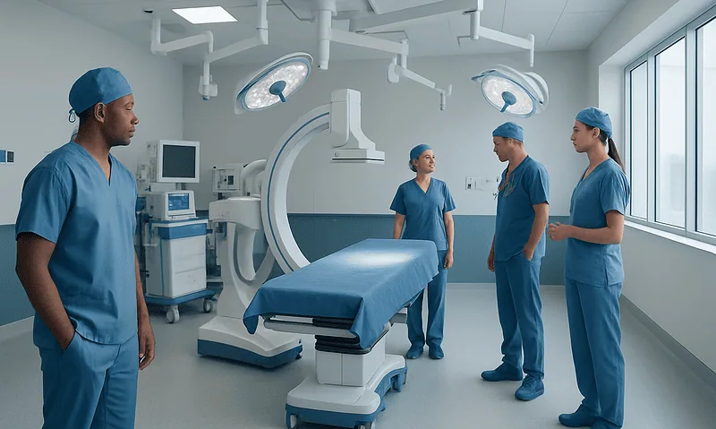 Hybrid Operating Room: What It Is and Why Surgeons Use It 5 Modern hybrid operating room with medical staff preparing for surgery.