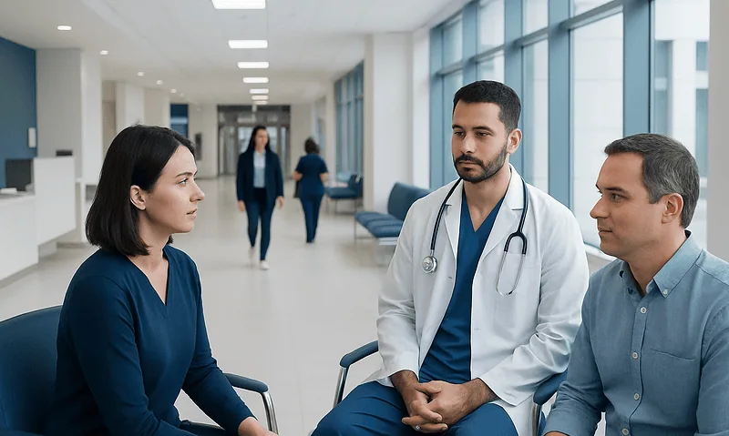 Kidney Transplant in Turkey: What International Patients Should Know 7 Medical consultation in a hospital corridor with doctor and patient.
