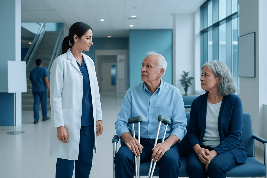 What Are Knee Replacements Made Of? 1 Doctor consulting elderly patients in hospital corridor.