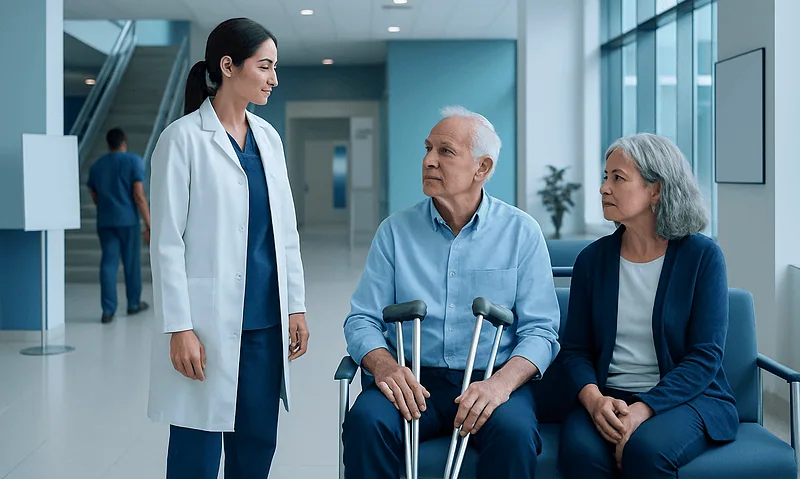 What Are Knee Replacements Made Of? 6 Doctor consulting elderly patients in hospital corridor.