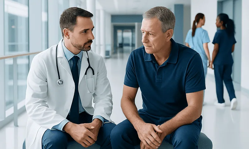 Doctor consulting with a patient in a hospital corridor.