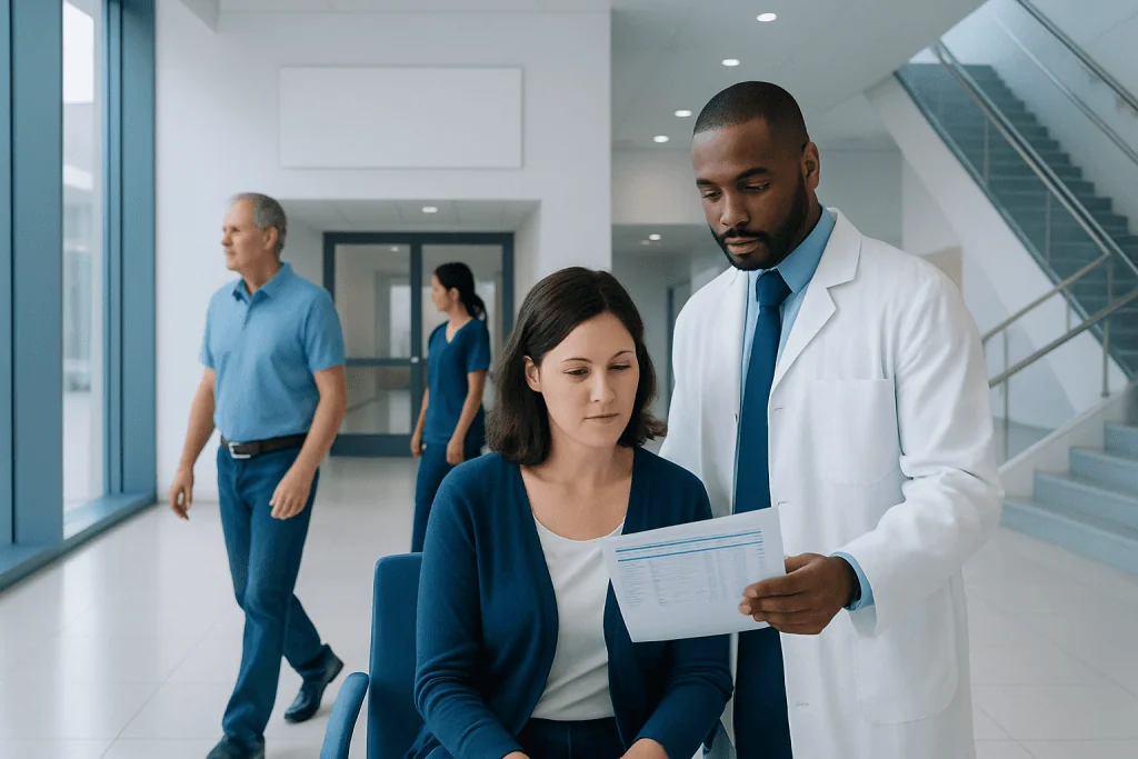 How to Read a Lab Report: Reference Ranges, Flags, and Next Steps 1 Doctor explaining lab report to patient in hospital corridor.