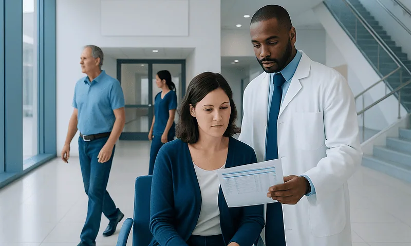 How to Read a Lab Report: Reference Ranges, Flags, and Next Steps 9 Doctor explaining lab report to patient in hospital corridor.