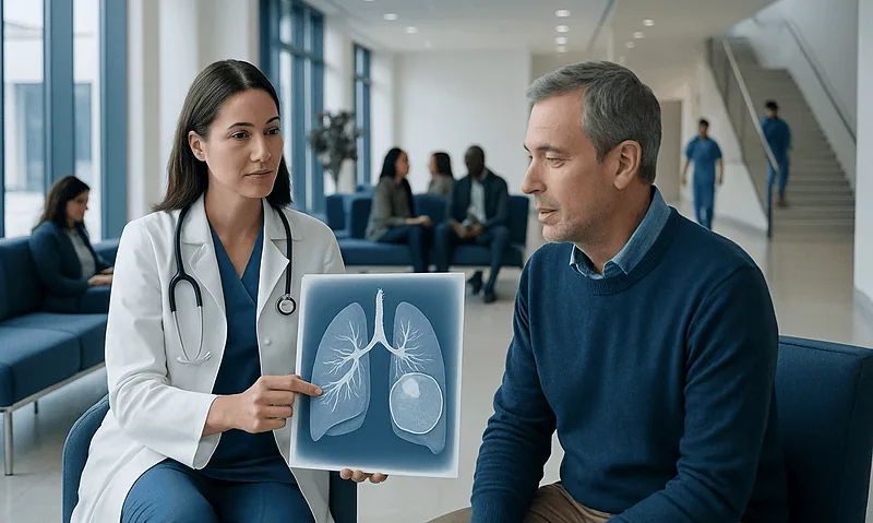 Doctor explaining lung scan to patient in hospital waiting area.