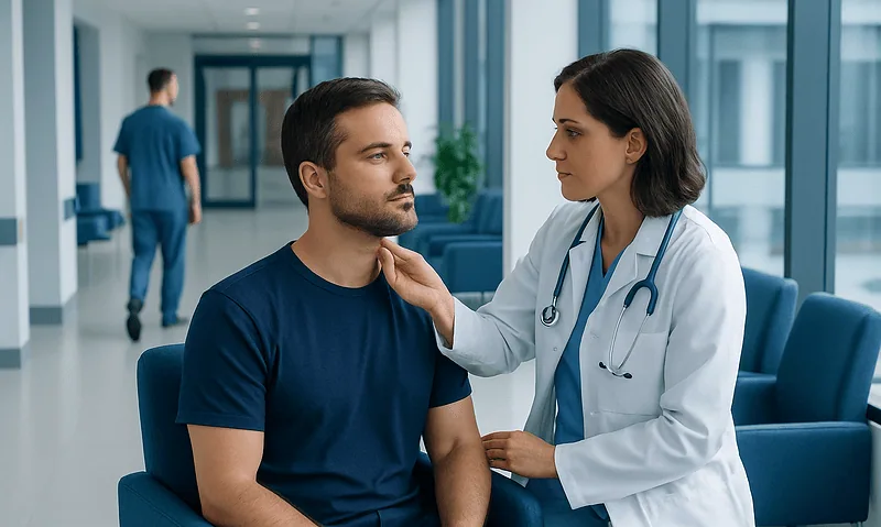 Doctor examining patient in hospital corridor with medical staff in background.