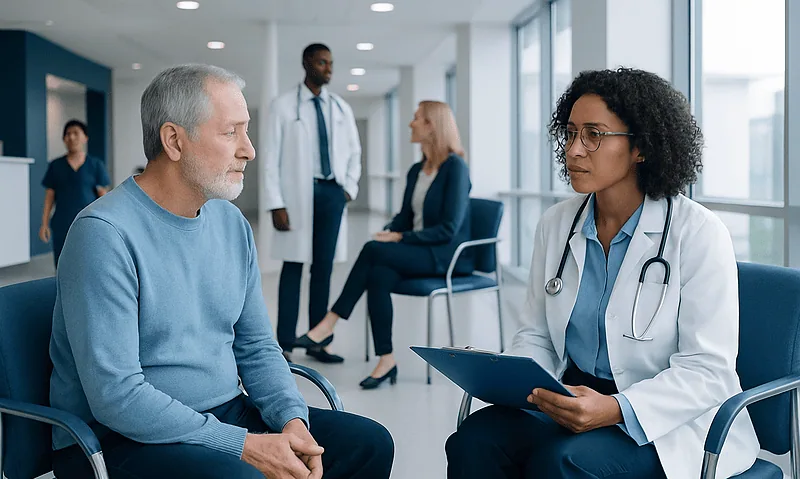 Doctor consulting with senior patient in hospital waiting area.
