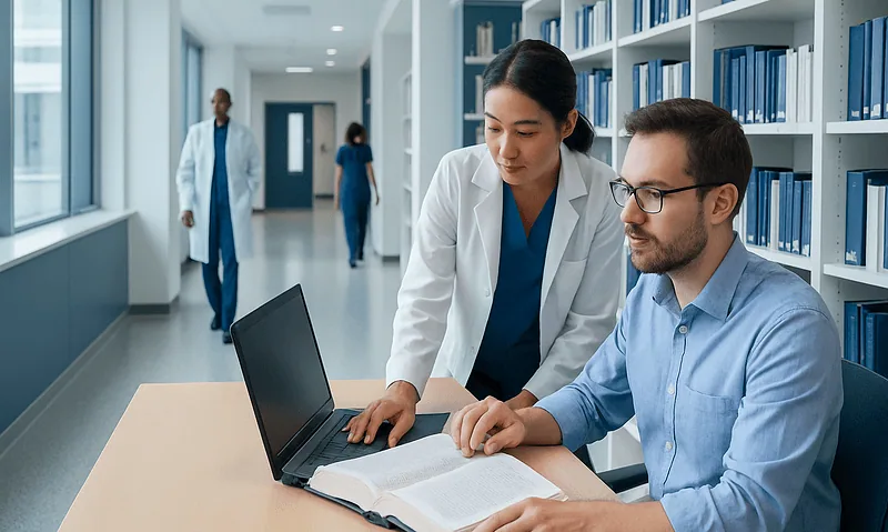 Medical librarian assisting patient with treatment information in hospital library.