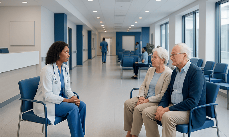 Doctor consulting elderly patients in a hospital waiting area.