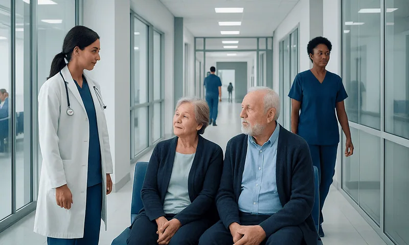 Healthcare professionals consulting elderly patients in a hospital corridor.