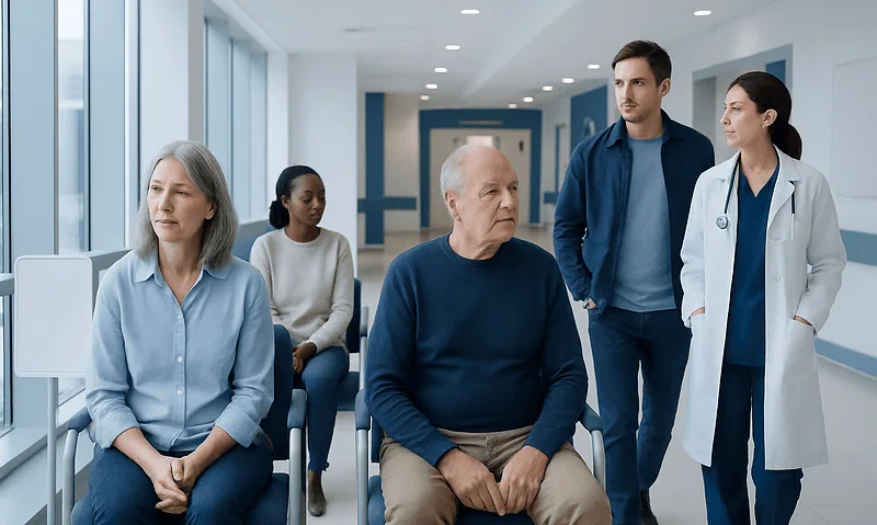 Patients waiting in a hospital corridor for a memory clinic appointment.