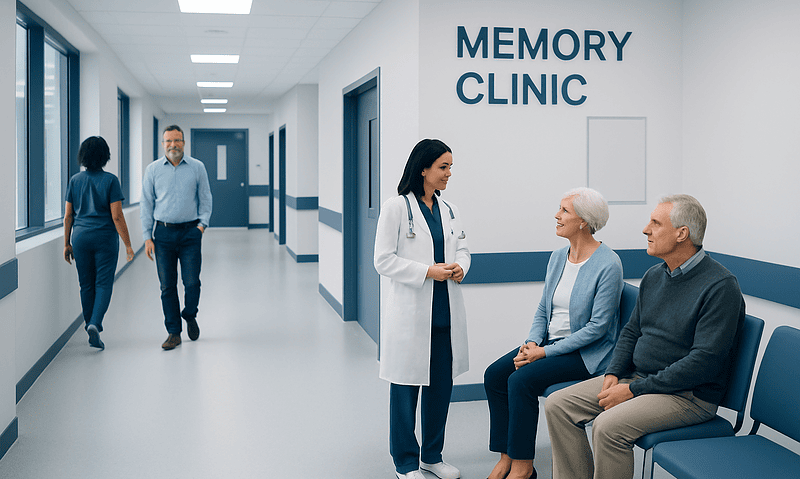 Memory clinic consultation with elderly patients and doctor in hospital corridor.