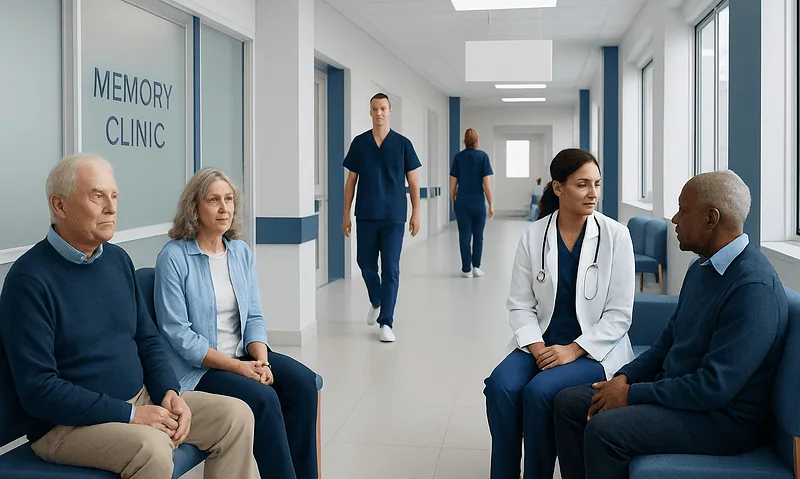 Patients waiting in memory clinic corridor at Acibadem Hospitals Group.
