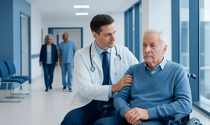 Doctor consulting elderly patient in hospital corridor with other staff in background.