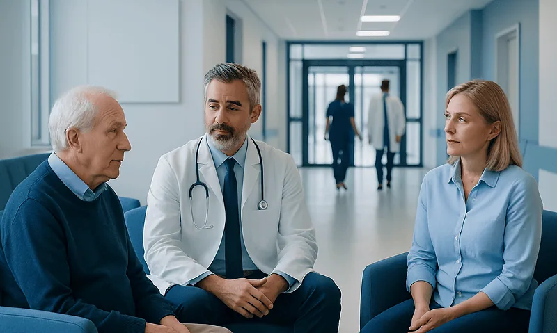 Doctor consulting with elderly patient and caregiver in hospital corridor.