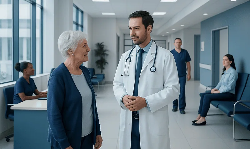 Doctor talking to elderly woman in hospital corridor.