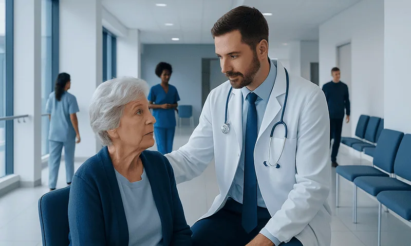 Doctor consulting elderly woman in hospital corridor for memory evaluation.