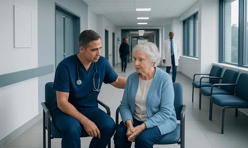 Compassionate healthcare professional consulting elderly patient in hospital corridor.